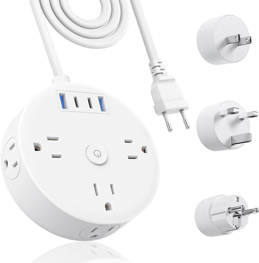European Travel Plug Adapter, US to UK Europe Power Strip for EU/UK/US, 6 Outlets 4 USB Ports, 5Ft Extension Cord, International Power Adapter for Travel Cruise Ship Home